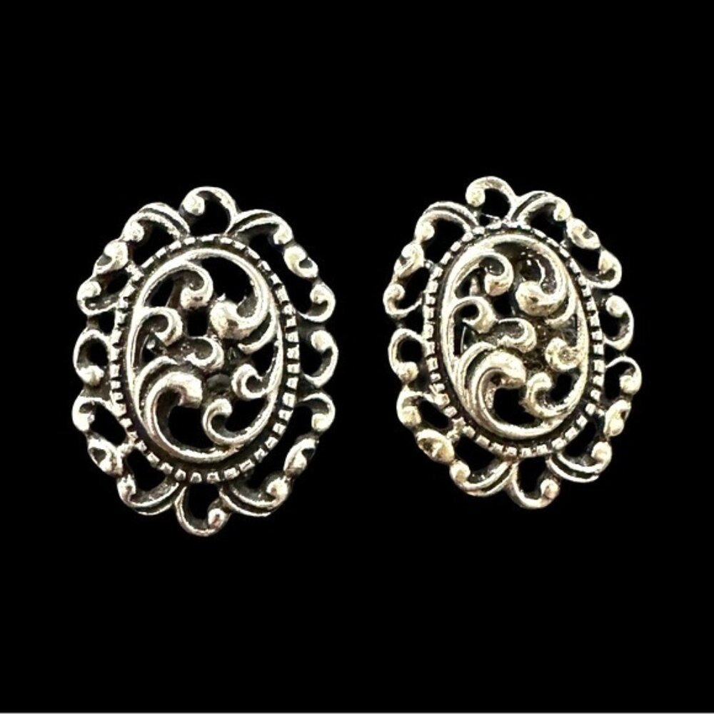 Vintage Silver-Tone Ornate Oval Clip-On Earrings By EMMONS